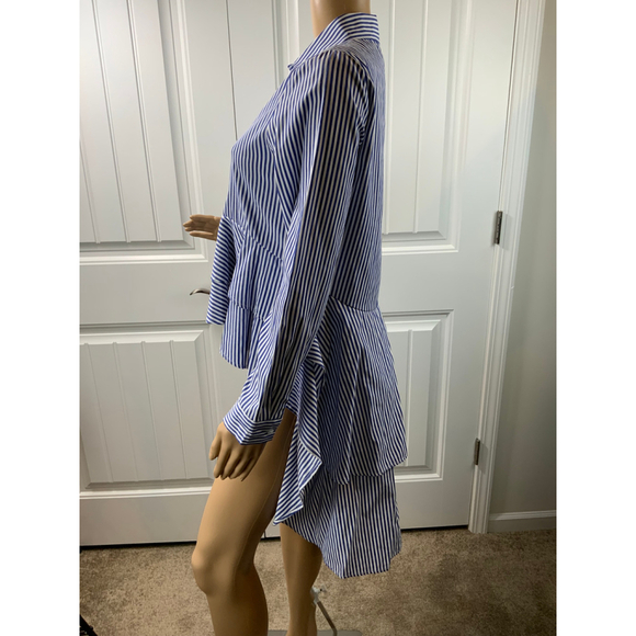 FX JC Women's Blue White Striped Peplum Collared Button Down Shirt Med High Low - Picture 9 of 13